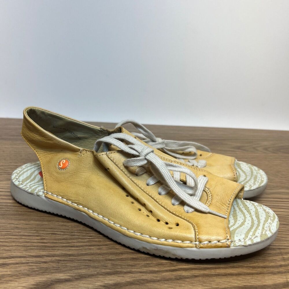 Softinos By Fly London Shoes Womens Sz 38 Yellow Lace Up Peep Toe Shoes Comfort